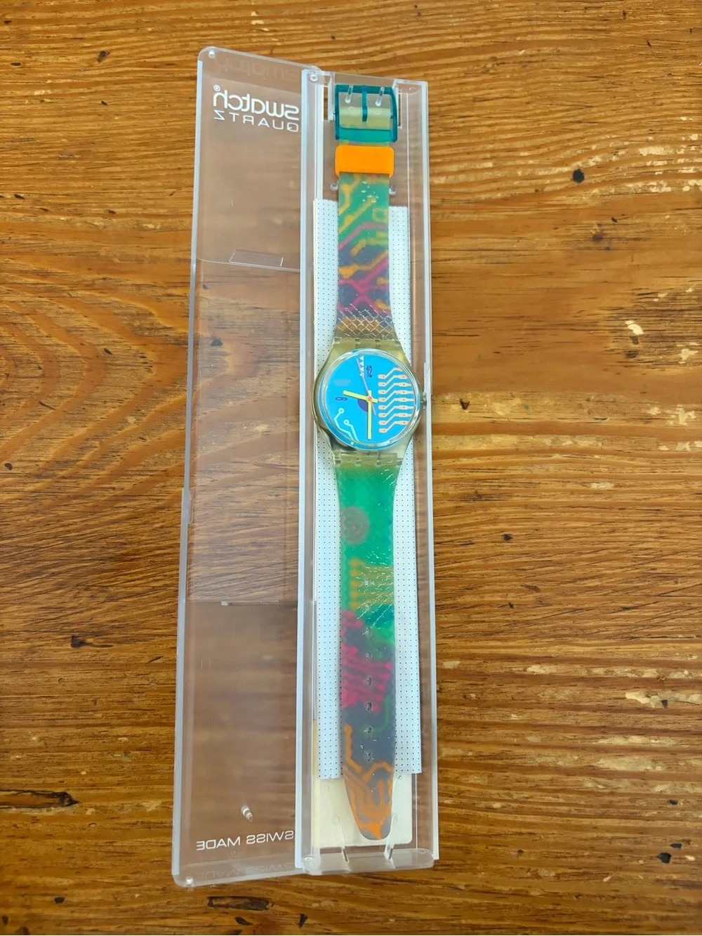 Swatch Multicolor Strap Watch - Blue Dial, Green & Orange Accents